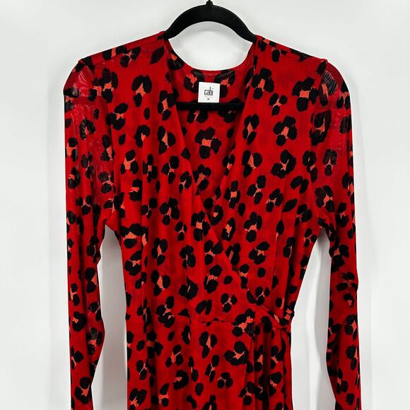 CABI Siren Red Black Leopard Print Sheer Sleeve Midi Wrap Dress Size Medium - Picture 4 of 8